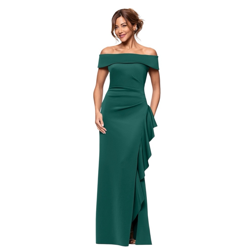 Xscape Off-The-Shoulder Dolly Scuba Ruffled Side-Slit Gown Green‎ 6